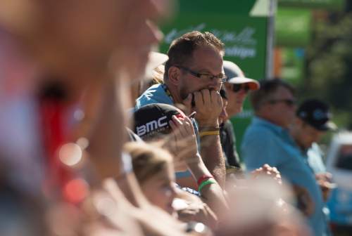 Leah Hogsten  |  The Salt Lake Tribune
Fans await the start of Stage 6 of the Tour of Utah on Saturday, August 6, 2016 that took cyclists on a 114-mile ride with over 11,000 feet of climbing from Snowbasin Ski Resort to Snowbird.