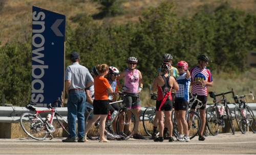 Leah Hogsten  |  The Salt Lake Tribune
Fans and enthusiasts at the entrance to Snowbasin wait for the start of Stage 6 of the Tour of Utah on Saturday, August 6, 2016 that took cyclists on a 114-mile ride with over 11,000 feet of climbing from Snowbasin Ski Resort to Snowbird.
