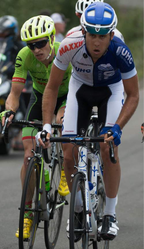 Leah Hogsten  |  The Salt Lake Tribune
Daniel Eaton with United Healthcare Pro Team climbs Guardsman's Pass during Stage 6 of the Tour of Utah on Saturday, August 6, 2016 that took cyclists on a 114-mile ride with over 11,000 feet of climbing from Snowbasin Ski Resort to Snowbird.