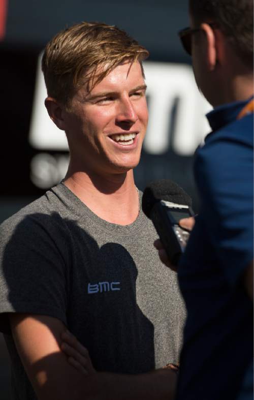 Leah Hogsten  |  The Salt Lake Tribune
BMC's Taylor Eisenhart talks with fans at the start of Stage 6 of the Tour of Utah on Saturday, August 6, 2016 that took cyclists on a 114-mile ride with over 11,000 feet of climbing from Snowbasin Ski Resort to Snowbird.
