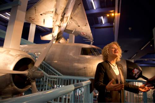 Lennie Mahler  |  The Salt Lake Tribune

Salt Lake City Mayor Jackie Biskupski speaks Thursday, Aug. 4, 2016, in front of a C-131 aircraft during a media preview of the new "Flight" exhibit at The Leonardo, the museum's first exhibit designed fully in-house.