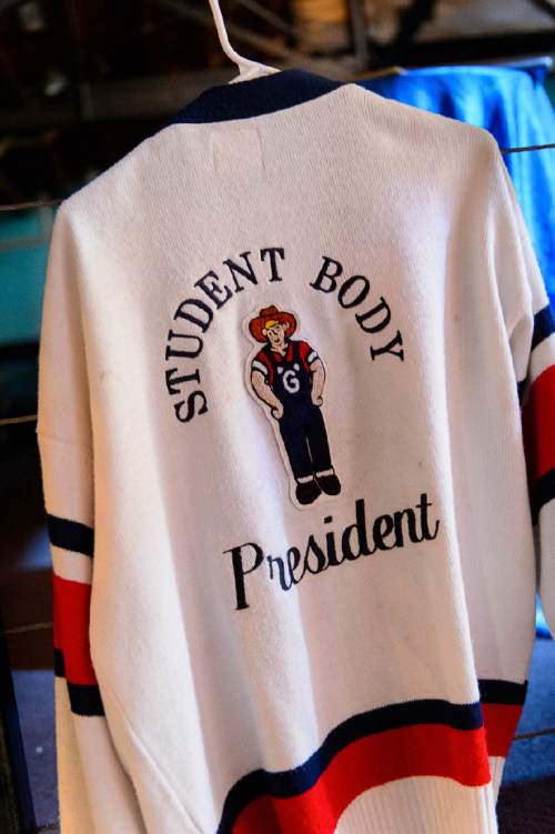 Trent Nelson  |  The Salt Lake Tribune
A Student Body President's sweater on display at the Granite High School reunion in Salt Lake City, Saturday August 6, 2016. This was an unusual high school reunion -- for all alumni of all graduating classes for the school that was open from 1906 to 2009.