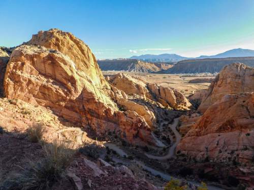 Erin Alberty  |  The Salt Lake Tribune

Visiting a national park each month for year makes for a long and winding road -- as pictured Oct. 4, 2015 at the Burr Trail switchbacks in Capitol Reef National Park.