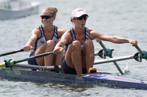 Rick Egan  |  The Salt Lake Tribune

Devery Karz (left) smiles after she and Kathleen Bertko finished in first place in their heat, in the Lightweight Women's Double Sculls, qualifying them to advance to the semifinals for the USA, at Lagoa Stadium, in Rio de Janeiro, Tuesday, August 9, 2016.