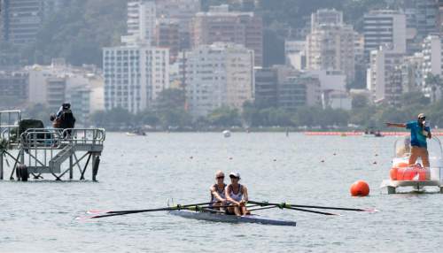Rick Egan  |  The Salt Lake Tribune

Devery Karz and Kathleen Bertko paddle back to the shore after finishing in first place in their heat, in the Lightweight Women's Double Sculls, qualifying them to advance to the semifinals for the USA, at Lagoa Stadium, in Rio de Janeiro, Tuesday, August 9, 2016.