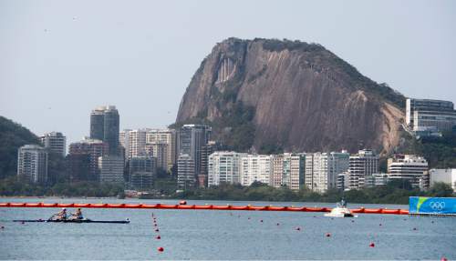 Rick Egan  |  The Salt Lake Tribune

Devery Karz and Kathleen Bertko paddle back to the shore after finishing in first place in their heat, in the Lightweight Women's Double Sculls, qualifying them to advance to the semifinals for the USA, at Lagoa Stadium, in Rio de Janeiro, Tuesday, August 9, 2016.