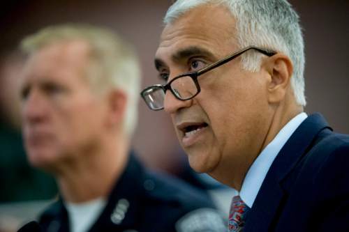 Jeremy Harmon  |  The Salt Lake Tribune

Salt Lake County District Attorney Sim Gill is joined by Sheriff Jim Winder at a press conference on Monday, August 8, 2016, where Gill announced there will be no charges against two Salt Lake City police officers who shot 17-year-old Abdullahi "Abdi" Mohamed.