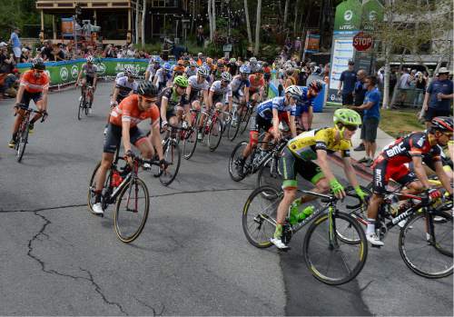 Scott Sommerdorf   |  The Salt Lake Tribune  
Riders turn off Park City's Main Street as the final stage of the Tour of Utah starts, Sunday, August 7, 2016.