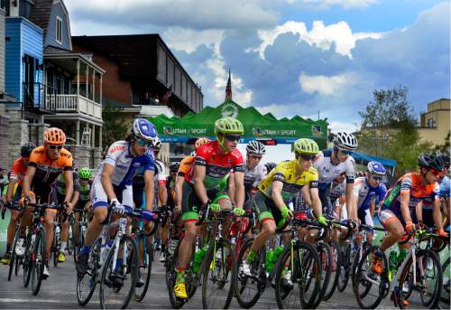 Scott Sommerdorf   |  The Salt Lake Tribune  
Race leader Andrew Talansky (yellow jersey) of the Cannondale-Drapac Pro Cycling Team starts out on the final stage of the Tour of Utah as it starts on Park City's Main Street, Sunday, August 7, 2016.