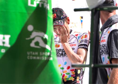 Scott Sommerdorf   |  The Salt Lake Tribune  
Lachlan Morton of Jelly Belly Racing & pb Maxxis reacts after winning the Tour of Utah, Sunday, August 7, 2016. His aggressive climb up Empire Pass crushed the rest of the field and sealed his win.