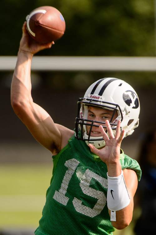 Trent Nelson  |  The Salt Lake Tribune
BYU quarterback Hayden Livingston at the first BYU fall camp practice under new coach Kalani Sitake, Friday August 5, 2016 in Provo.