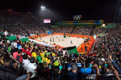 Rick Egan  |  The Salt Lake Tribune
When the clock nears midnight, the beach volleyball venue at Copacabana becomes the pulsing heart of the Rio Olympics. Sunday, August 7, 2016.