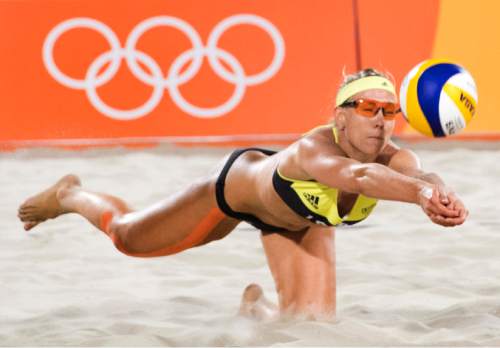 Rick Egan  |  The Salt Lake Tribune

Swiss Volleyball player, Joana Heinrich celebrates a big score, in Beach Volleyball Action against Karla Borger and Britta Buthe of Germany, in a late night match at the Beach Volleyball Arena, in Rio de Janeiro, Sunday, August 7, 2016.