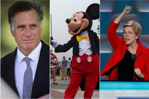 Tribune and AP photos |
Mitt Romney, Mickey Mouse and Elizabeth Warren are three individuals who will not be on the 2016 presidential ballot in November.