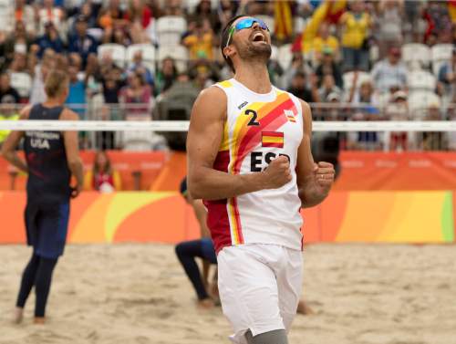 Rick Egan  |  The Salt Lake Tribune

Adrian Gavira Collado of Spain celebrates Spains win over Jake Gibb and Casey Patterson of the USA, at the Beach Volleyball Arena, in Rio de Janeiro, Wednesday, August 10, 2016.