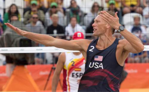 Rick Egan  |  The Salt Lake Tribune

Casey Patterson reacts after a USA point, in beach volleyball action, USA vs. Spain, at the Beach Volleyball Arena, in Rio de Janeiro, Wednesday, August 10, 2016.