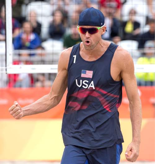 Rick Egan  |  The Salt Lake Tribune

Jake Gibb, reacts after a USA point, in beach volleyball action, USA vs. Spain, at the Beach Volleyball Arena, in Rio de Janeiro, Wednesday, August 10, 2016.
