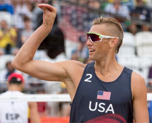 Rick Egan  |  The Salt Lake Tribune

Casey Patterson reacts after a USA point, in beach volleyball action, USA vs. Spain, at the Beach Volleyball Arena, in Rio de Janeiro, Wednesday, August 10, 2016.