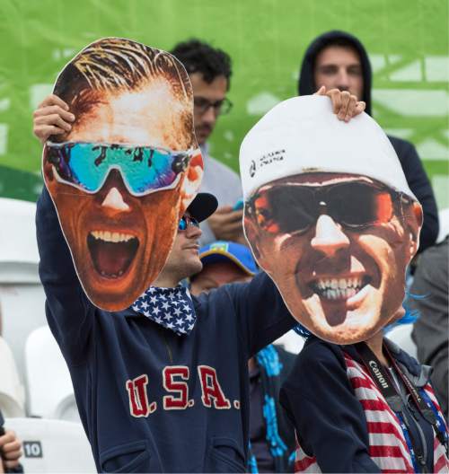 Rick Egan  |  The Salt Lake Tribune

Fans cheer on United States  beach volleyball players Casey Patterson and Jake Gibb at the Beach Volleyball Arena, in Rio de Janeiro, Wednesday, August 10, 2016.