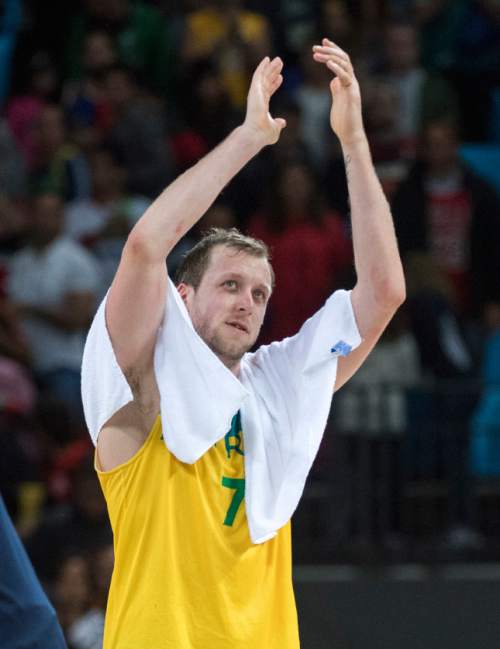 Rick Egan  |  The Salt Lake Tribune

Joe Ingles (7) of Australia gives a hand to the crowd after Australia was defeated by the USA, in Olympic basketball action, USA vs. Australia, in Rio de Janeiro, Wednesday, August 10, 2016.