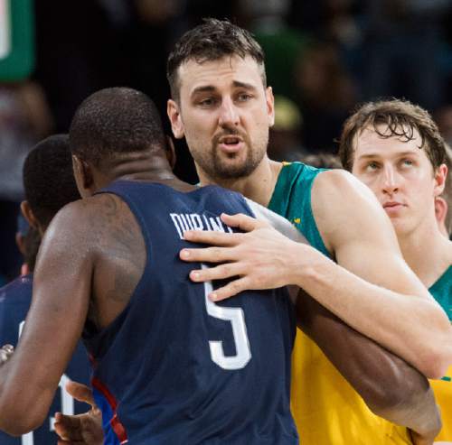 Rick Egan  |  The Salt Lake Tribune

Andrew Bogut (6) of Australia hugs Kevin Durrant (5) after Australia was defeated by the United States, in Olympic basketball action, USA vs. Australia, in Rio de Janeiro, Wednesday, August 10, 2016.