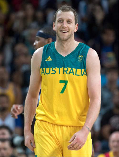 Rick Egan  |  The Salt Lake Tribune

Joe Ingles (7) of Australia smiles as he leaves the game with five personal fouls in Olympic basketball action, USA vs. Australia, in Rio de Janeiro, Wednesday, August 10, 2016.