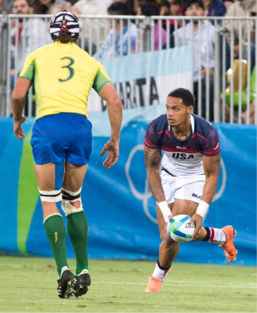 Rick Egan  |  The Salt Lake Tribune

Maka Unufe (8) leaps up to grab the ball for the United States, as Juliano Fiori (3) of Brazil defends, in Men's Sevens Rugby action the United States vs Brazil, at Deodoro Stadium, in Rio de Janeiro, Wednesday, August 10, 2016.