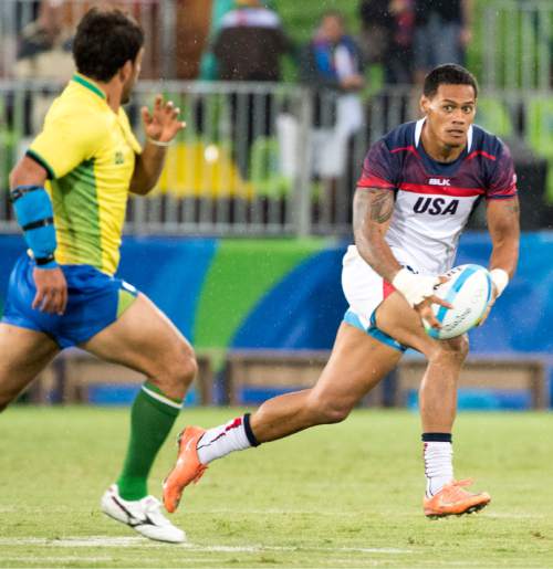 Rick Egan  |  The Salt Lake Tribune

Maka Unufe (8) of the United States runs with the ball, in Mens Sevens Rugby action the United States vs Brazil, at Deodoro Stadium, in Rio de Janeiro, Wednesday, August 10, 2016.