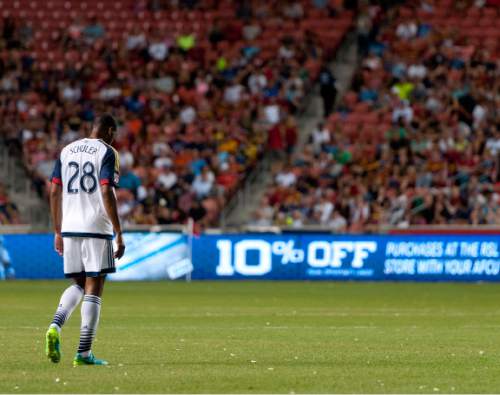 Michael Mangum  |  Special to the Tribune

Real Salt Lake defender Chris Schuler (28) walks toward the half line during their international friendly against Inter Milan at Rio Tinto Stadium in Sandy, Utah on Tuesday, July 19th, 2016. Inter won on a last second goal 2-1.