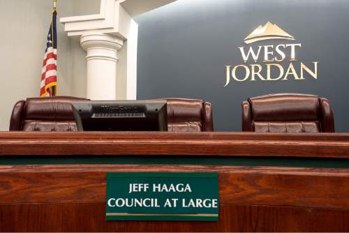 Trent Nelson  |  The Salt Lake Tribune
West Jordan City Councilman Jeff Haaga's seat is empty prior to a meeting where he faces a possible censure, Wednesday August 10, 2016. Councilman Chad Nichols has proposed a resolution to condemn the "malconduct" of his colleague. Haaga was recorded July 19 on police body camera video in which he appeared to be drunk. Officers cited him for hit-and-run after witnesses said he drove away from a local bar after hitting a car in the parking lot earlier that evening.