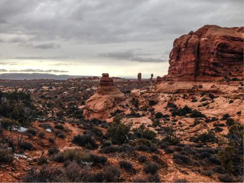 Erin Alberty  |  The Salt Lake Tribune

Rock formations stand sentry Nov. 29, 2015 near the road to Delicate Arch in Arches National Park.
