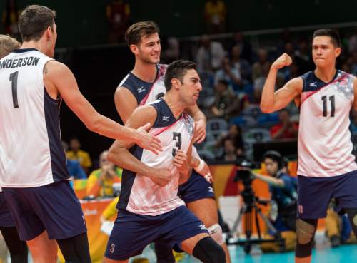 Rick Egan  |  The Salt Lake Tribune

Taylor Sander (3) and the United States team celebrate as after a big point in game 4, in volleyball action USA vs. Brazil, in Rio de Janeiro, Thursday, August 11, 2016.