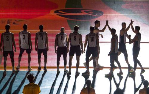 Rick Egan  |  The Salt Lake Tribune

The United States men's volleyball team is introduced before the USA vs. Brazil Olympic volleyball game, in Rio de Janeiro, Thursday, August 11, 2016.