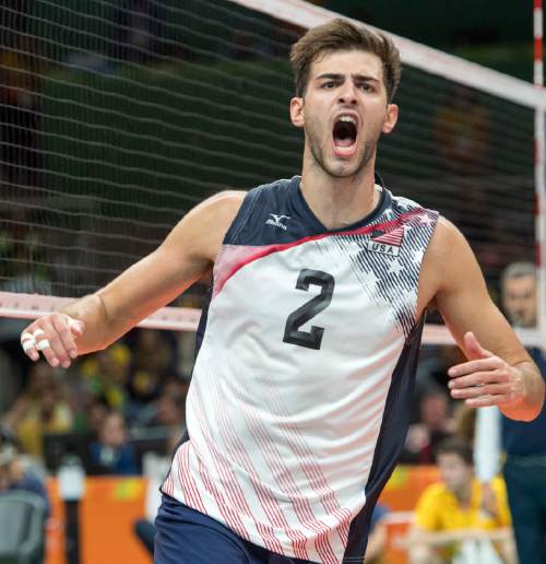 Rick Egan  |  The Salt Lake Tribune

Aaron Russell (2) USA, reacts after a score, in volleyball action USA vs. Brazil, in Rio de Janeiro, Thursday, August 11, 2016.