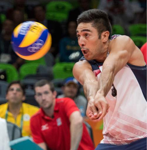 Rick Egan  |  The Salt Lake Tribune

Taylor Sander (3) of United States hits the ball in volleyball action USA vs. Brazil, in Rio de Janeiro, Thursday, August 11, 2016.