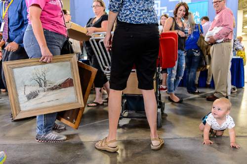 Trent Nelson  |  The Salt Lake Tribune
Levi Mitchell crawls along the floor next to his mother Sarah Mitchell at the Salt Palace Convention Center in Salt Lake City, where The Antiques Roadshow taped three episodes Saturday August 13, 2016.