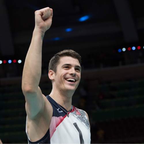 Rick Egan  |  The Salt Lake Tribune

Matthew Anderson (1) of United States celebrates their 3-1 win over France, in Olympic volleyball action at the Maracanãzinho Arena, in Rio de Janeiro Brazil, Saturday, August 13, 2016.