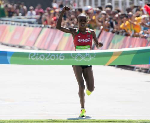 Rick Egan  |  The Salt Lake Tribune

Jemima Jelagat Sumgong crosses the finishline for the gold medal, in the women's Marathon, in Rio de Janeiro Brazil, Sunday, August 14, 2016.
