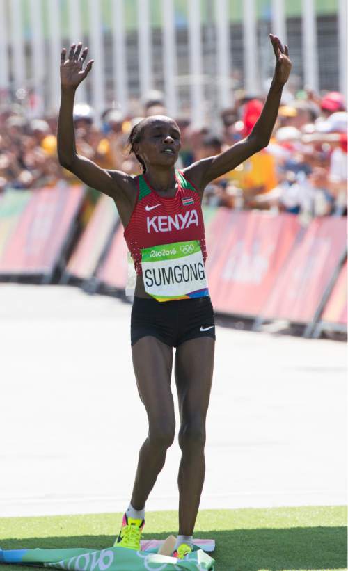 Rick Egan  |  The Salt Lake Tribune

Jemima Jelagat Sumgong crosses the finishline for the gold medal, in the women's Marathon, in Rio de Janeiro Brazil, Sunday, August 14, 2016.