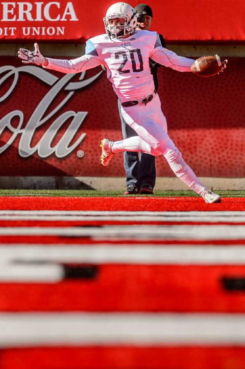Trent Nelson  |  The Salt Lake Tribune
Sky View's Tanner Stokes (20) celebrates a first half touchdown, as Sky View faces Herriman in a 5A high school football semifinal game at Rice-Eccles Stadium in Salt Lake City, Friday November 13, 2015.