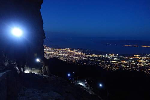 Lennie Mahler  |  The Salt Lake Tribune

Hikers summit Mount Timpanogos at the crack of dawn to watch the sunrise Sunday, July 24, 2016.
