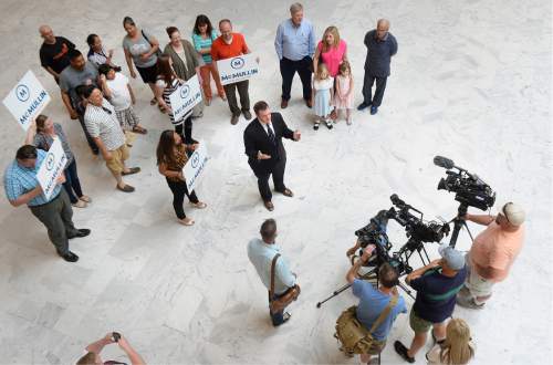 Scott Sommerdorf   |  The Salt Lake Tribune  
Campaign adviser Brian Henderson speaks during a quick media interview after having filed signatures and paperwork with the Utah lieutenant governor's office on behalf of Evan McMullin, who is running for president, Monday, Aug. 15, 2016.