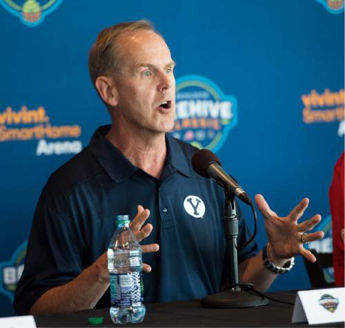 Rick Egan  |  The Salt Lake Tribune

Tom Holmoe, Athletic Director, Brigham Young University, talks about the new men's college basketball showcase featuring BYU, Utah, USU, and Weber State, at Vivint Smart Home Arena, Thursday, July 21, 2016.