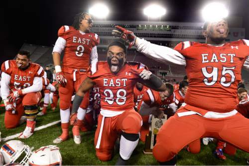 Scott Sommerdorf   |  The Salt Lake Tribune
East players do the Haka after East beat Timpview 49-14 for the Utah 4A championship, Friday, November 20, 2015.