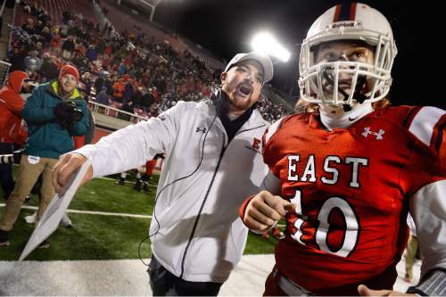 Scott Sommerdorf   |  The Salt Lake Tribune
East head coach sends in the play that resulted in RN Jaylen Warren's 3 yard TD run. East beat Timpview 49-14 for the Utah 4A championship, Friday, November 20, 2015.
