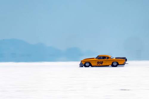 Chris Detrick  |  The Salt Lake Tribune
Terry Coe, with Coe & Thompson, races during Speed Week at the Bonneville Salt Flats Saturday August 13, 2016.