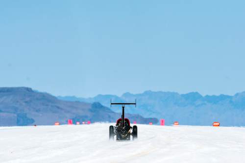 Chris Detrick  |  The Salt Lake Tribune
Al Eshenbaugh and Ted Olson''s car races during Speed Week at the Bonneville Salt Flats Saturday August 13, 2016.