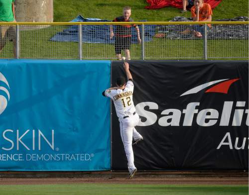 Scott Sommerdorf   |  The Salt Lake Tribune  
In an unusual play, Salt Lake Bees RF Todd Cunningham could not find the ball after Express lead-off hitter Drew Robinson's triple landed atop the right field wall's padding. The lead-off triple helped set up former San Francisco Giants and Los Angeles Angels pitcher Tim Lincecum's rough first inning, Monday, August 15, 2016.