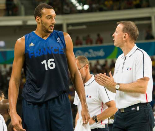 Rick Egan  |  The Salt Lake Tribune


Rudy Gobert (16) of France gets some instructions from one of his coaches, in Olympic basketball action, USA vs. France, in Rio de Janeiro Brazil, Sunday, August 14, 2016.