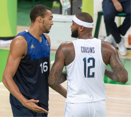 Rick Egan  |  The Salt Lake Tribune

Rudy Gobert (16) of France has a few words with Demarcus Cousins (12) of United States, in Olympic basketball action, USA vs. France, in Rio de Janeiro Brazil, Sunday, August 14, 2016.